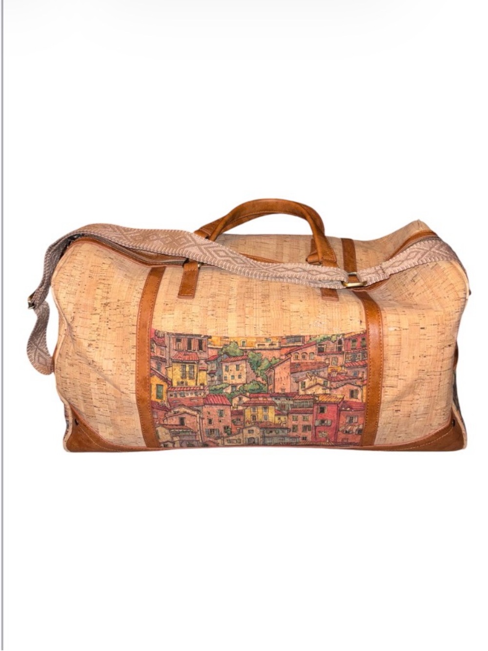 The Cork Store CityScapeCork Duffle Bag with Village Print - Tan